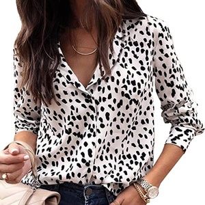 V Neck Leopard Tunic Long Sleeve Button Down - White/Black, Medium